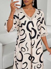 SHEIN Lady 非洲连衣裙图案镂空 V 领衬衫和松紧腰阔腿裤女式两件套西装度假装女式两件套女士商务休闲女士波西米亚风/波西米亚风/波西米亚风女装；女士连衣裙夏季热带休闲 - 彩色 - 查看 3