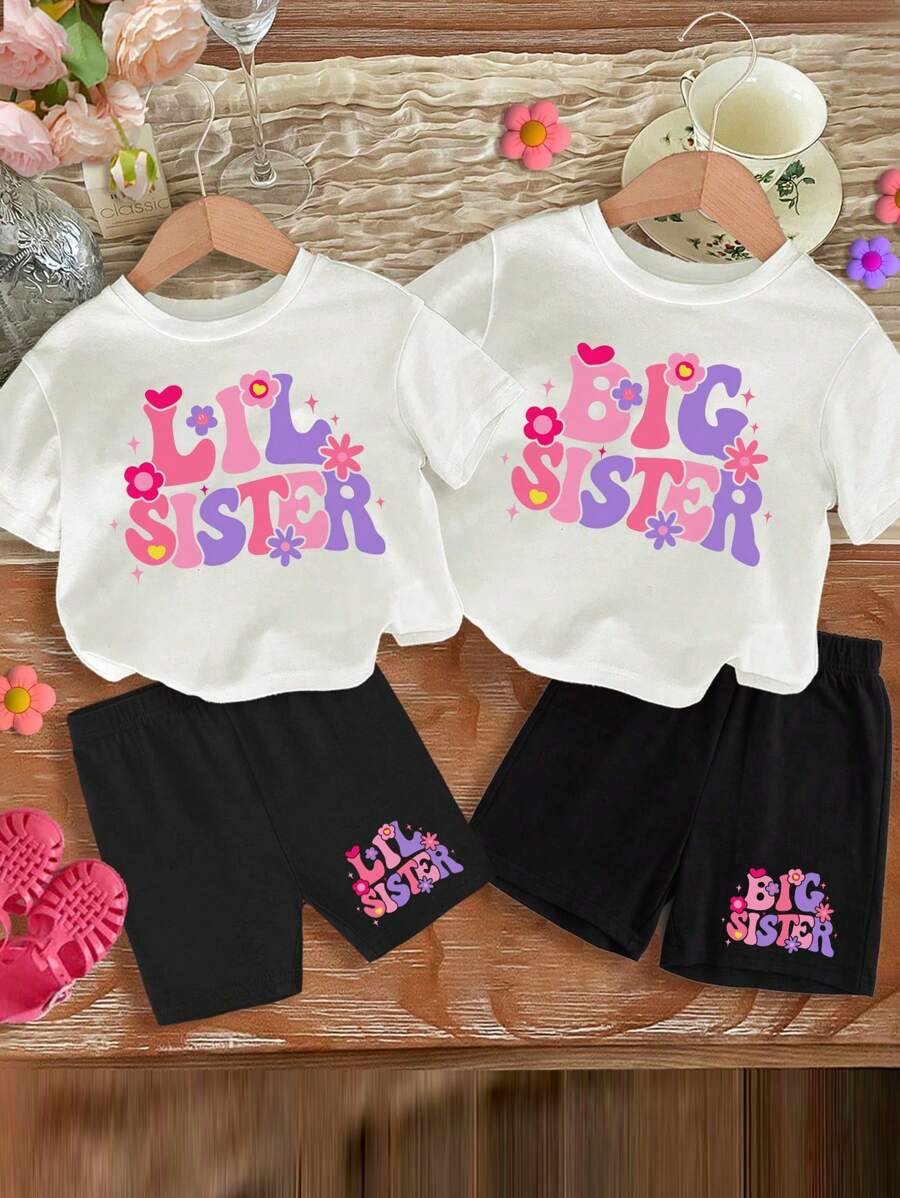 Young Girl Casual Creative Floral Ombre Letter Print Short Sleeve T-Shirt And Shorts Set, Sibling Matching Outfits (2 Pieces Sold Separately) - Multicolor - View 1