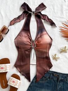 Soleia Women Tie-Dye Print Backless Halter Neck Slit Hem Sexy Top,Rave Top