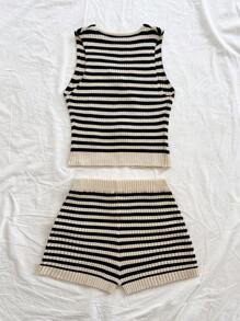 Soleia Women Casual Stripe Drawstring Knit Top + Shorts Set