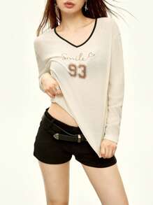 Rina Fox 女士字母与数字印花长袖休闲 T 恤 - 杏色 - 查看 3