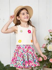 Young Girls Lightweight Summer Knit Waffle Crochet Flower Decor Loose Top And Ditsy Floral Flared Skirt 2 Pieces Set
