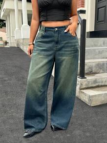 SHEIN ICON Distressed No-Stretch Decorative Rivet Baggy Jeans - Dark Wash - View 1
