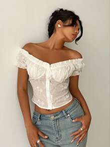 Aloruh Women's Spring/Summer White Shirt With 3D Embroidered Buttons - White - View 4