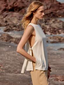SHEIN LUNE 2 pezzi Set di canotta con scollo tondo e pantaloni lunghi casual e da ufficio per donne - Cachi - Visualizzare 5