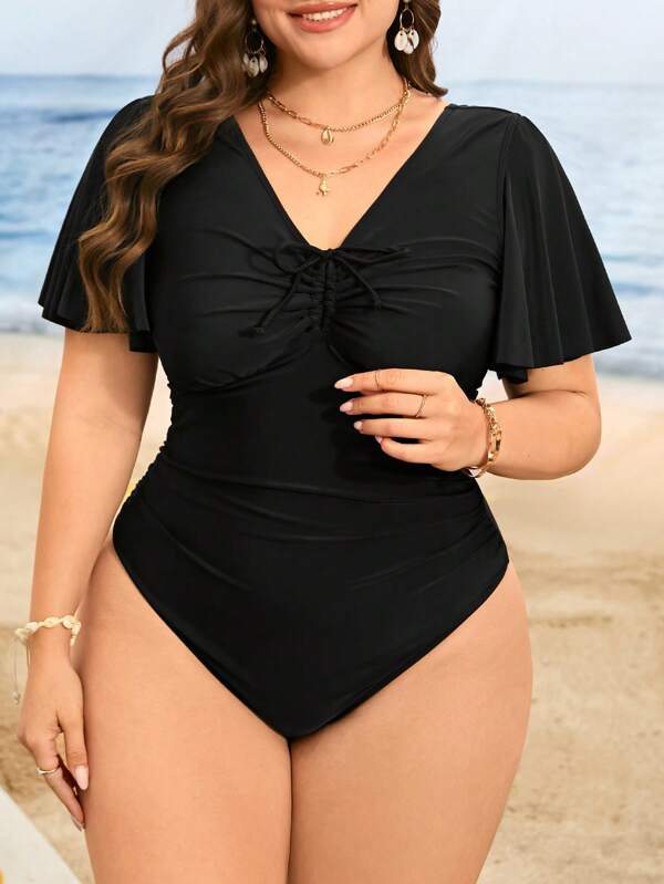 Swim Lushoire Plus Size Women's Solid Color Ruffle Sleeve Chest Drawstring Tummy Cover One-Piece Swimsuit, Summer