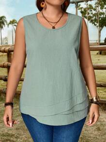 EMERY ROSE Plus Size Women's Round Neck Asymmetrical Bean Green Tank Top, Solid Color Fashion, Suitable For Summer, Carnival Top, Easter Top Curve,Country Concert - Green - View 4