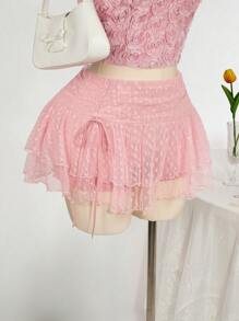 SHEIN ICON Váy xòe cao cấp ren & lưới hai lớp xếp ly buộc eo cho nữ cỡ lớn - Hồng - Xem 1