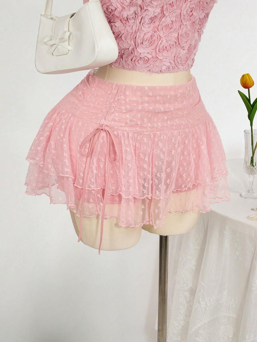 SHEIN ICON Váy xòe cao cấp ren & lưới hai lớp xếp ly buộc eo cho nữ cỡ lớn - Hồng - Xem 1