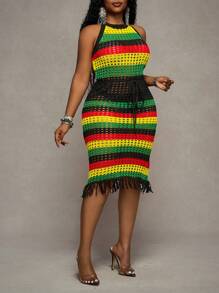 Slaydiva Plus Size Women Contrast Color Hollow Out Tassel Hemline Sexy Halter Knit Dress Winter Fall Autumn - Multicolor - View 8