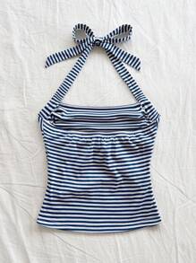 Soleia Nuevo estilo de atuendo de verano con moño, tiras y tejido de punto para la playa, festival de música western, estilo bohemio vintage, top de tirantes de canesú plisado a rayas