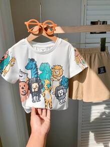 SHEIN Leap Crew 2 pièces/Set Débardeur maillots T et shorts pour bébés garçons/filles, style décontracté mignon avec imprimé animal au crayon, col rond, épaules tombantes, tricot ample. 2 pièces, tenue appropriée pour le printemps et l'été, pour porter à l'intérieur et à l'extérieur - Kaki - Voir 9