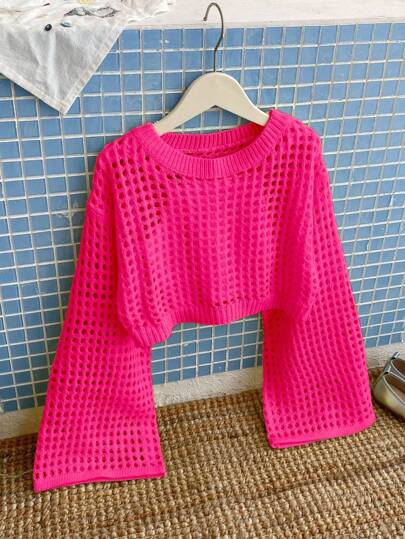 Tween Girls' Plain Crew Neck Dropped Shoulder Long Sleeve Loose Knitted Sweater