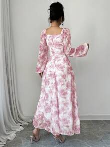 Modelyn 女士优雅花卉印花方领灯笼袖连衣裙 - 粉色 - 查看 2