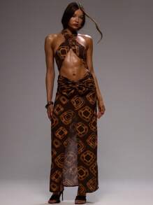 MUSERA Gaun Maxi Motif Cetak Berpotongan Ekstrem dengan Detail Simpul Depan dan Leher Silang Gaya Boho Oranye Gelap untuk Liburan Musim Panas, Pernikahan, Wisuda, dan Acara Formal. - MultiWarna - View 1