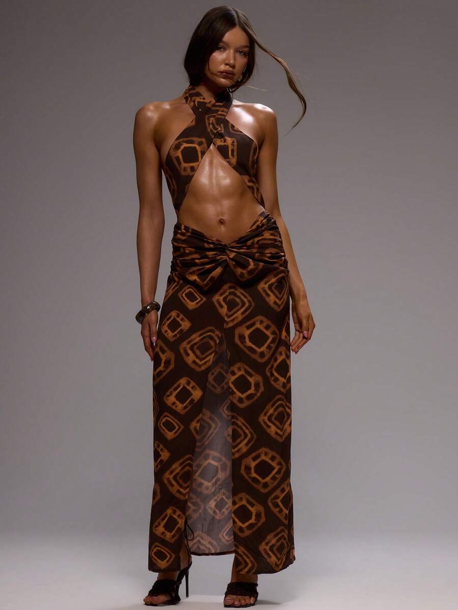 MUSERA Gaun Maxi Motif Cetak Berpotongan Ekstrem dengan Detail Simpul Depan dan Leher Silang Gaya Boho Oranye Gelap untuk Liburan Musim Panas, Pernikahan, Wisuda, dan Acara Formal. - MultiWarna - View 1