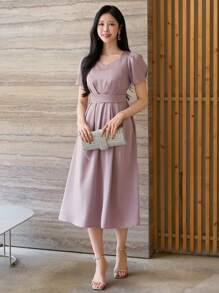 DAZY Solid Color Square Neck Puff Sleeve Pleated Midi Dress For Women Elegant Sundress - Pink - View 9
