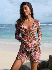 Opulessa Abito casual da donna con maniche a trombetta con volant, stampa floreale e leopardo, adatto come coprispalla per la spiaggia, abiti da spiaggia da donna, outfit estivi da donna, costumi da bagno a vita alta, outfit da vacanza da donna, outfit da spiaggia da vacanza, elegante, casual, boho, costume da bagno a vita alta, outfit da concerto country - Multicolore - Visualizzare 4