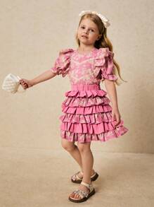 SHEIN Young Girls Elegant Pink Floral Print Cake Style Mini Skirt, Spring/Summer - Pink - View 5