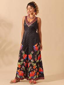 SHEIN Clasi Flowers Birds Plus Size Women Botanical Print V-Neck Sleeveless Wide Leg Jumpsuit - Multicolor - View 4