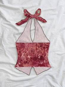 Soleia Fashionable Sexy Red Paisley Printed Halter Backless Tie-Up Twist Hem Slit Cami Top,Rave Top - Multicolor - View 2