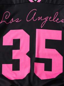 SHEIN 女童超大号美式运动休闲球衣 V 领撞色数字图案 T 恤，适合母女套装、假日、夏季、旅行