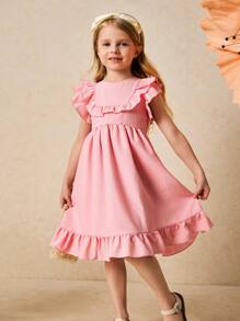 SHEIN Vestido holgado con volantes en el bajo, color rosa elegante, para niñas, primavera/verano
