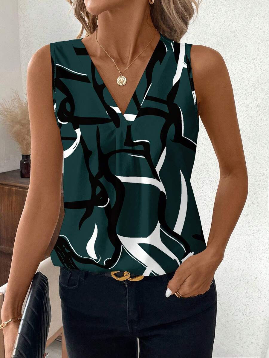 SHEIN Clasi Asymmetrical Striped Pattern V-Neck Women's Casual Tank Top, Suitable For Summer Suitable For Going Out Chic Blouses For Women - Multicolor - View 1