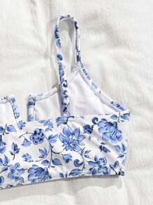 SHEIN Tween Girl Floral Print Spaghetti Strap Summer Bikini Set - Blue - View 6