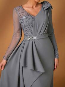 Serin Spring And Summer Elegant And Gorgeous Gray Luxury Computer Pearl Craft Hot Diamond Elastic Knitted V-Neck Bow Long Sleeve Slim Micro Fishtail Splicing Floating Piece Suitable For Dinner Bachelorette Party Date Dance Holiday Wedding Event Heavy Dinner Dress Bride Mother Dress