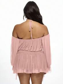 MISSGUIDED PLUS 露肩吊带迷你连衣裙 雪纺酒红色派对俱乐部长袖荷叶边下摆宽松晚礼服 舞会优雅假日冬季特殊场合 - 藕粉色 - 查看 2