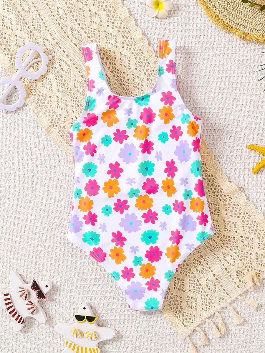 SHEIN Leap Crew Cute Babygirl Floral Pattern Knitted Elastic Romper Swimsuit, Casual - Multicolor - View 1