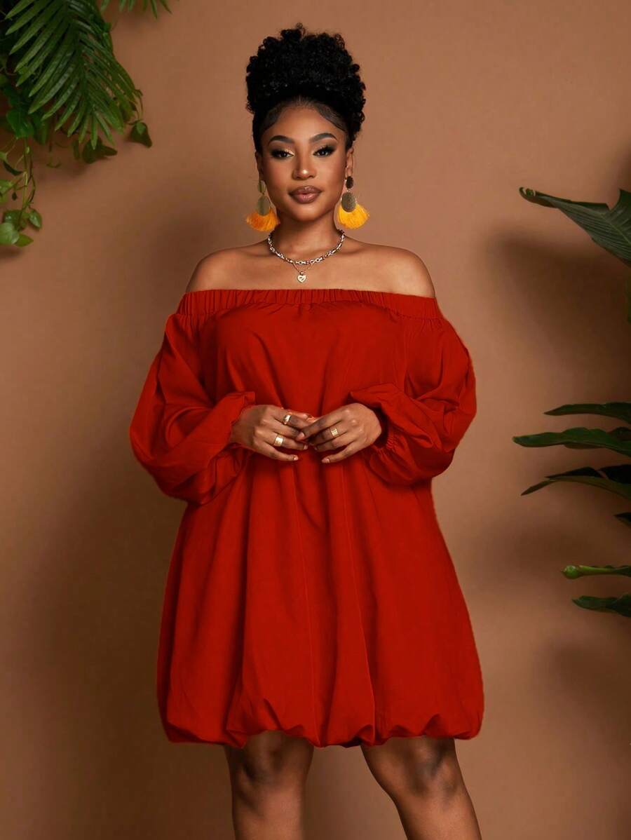 Maweii Plus Size Solid Color Off Shoulder Long Sleeve Elastic Waist Short Dress - Red - View 1