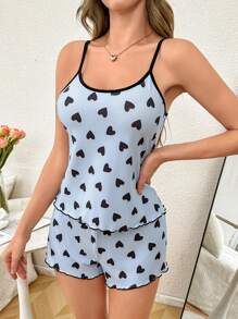 SHEIN Young Casual Heart Print Knitted Rib Tank Top And Shorts Pajama Set - Baby Blue - View 1