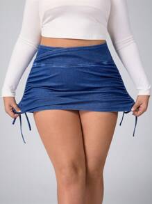 Flexra Plus Size Women's Drawstring Stretchy Knit Side Denim Mini Skirt - Blue - View 9