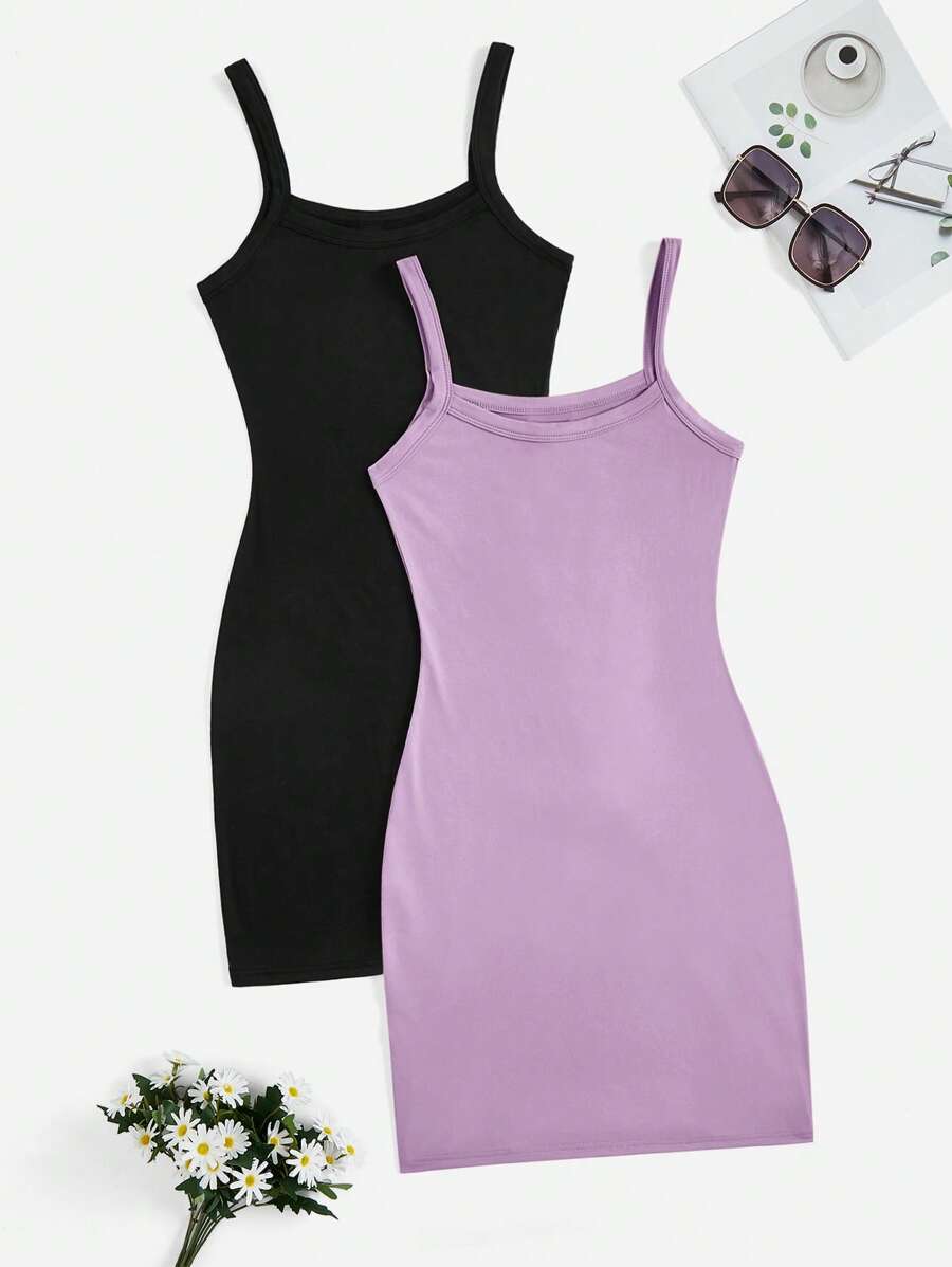 SHEIN Privé 1-For-1 女士 2 件套纯色休闲修身细肩带露肩夏季连衣裙，适合通勤、户外、购物 - 彩色 - 查看 1