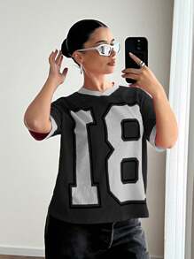 EgrlEra Women's Street Style Magenta Color Letter Print T-Shirt - Black - View 3