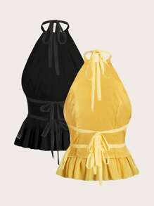 SHEIN EZwear Two-Piece Set Women's Sexy Solid Color Ruched Backless Halter Top, Summer - Multicolor - View 2