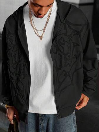 Manfinity Roghcode Hanorac Manfinity Streetrush pentru bărbați, stil închis la culoare, negru, cu fermoar, stil gotic rock, potrivit pentru festivaluri de muzică și pentru zi de zi. Un cadou excelent pentru iubiți sau soți, hanorac cu fermoar Y2K, toamnă