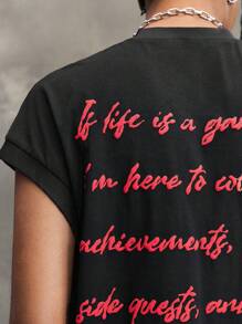 ROMWE MEN Street Life Men's Letter Print Round Neck Casual Loose Tank Top - Black - View 7