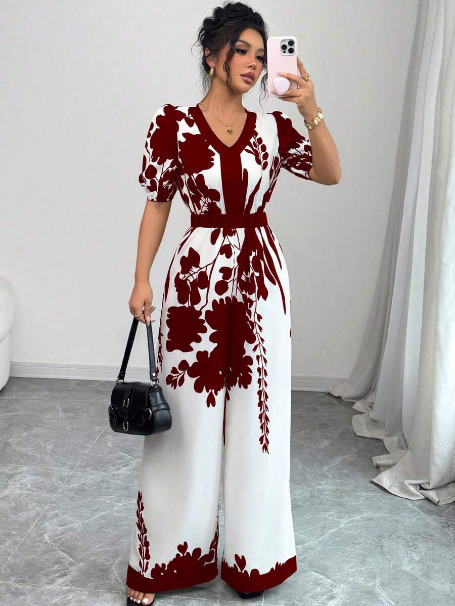 Rafferiza 女士数码印花宽松腰连体裤 - 酒紅色 - 查看 1