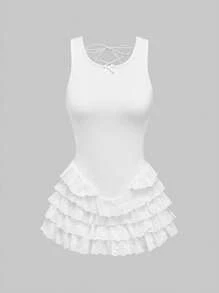 ROMWE Avant 甜美运动芭蕾风格薄纱蕾丝边低腰女式迷你连衣裙 - 白色 - 查看 5