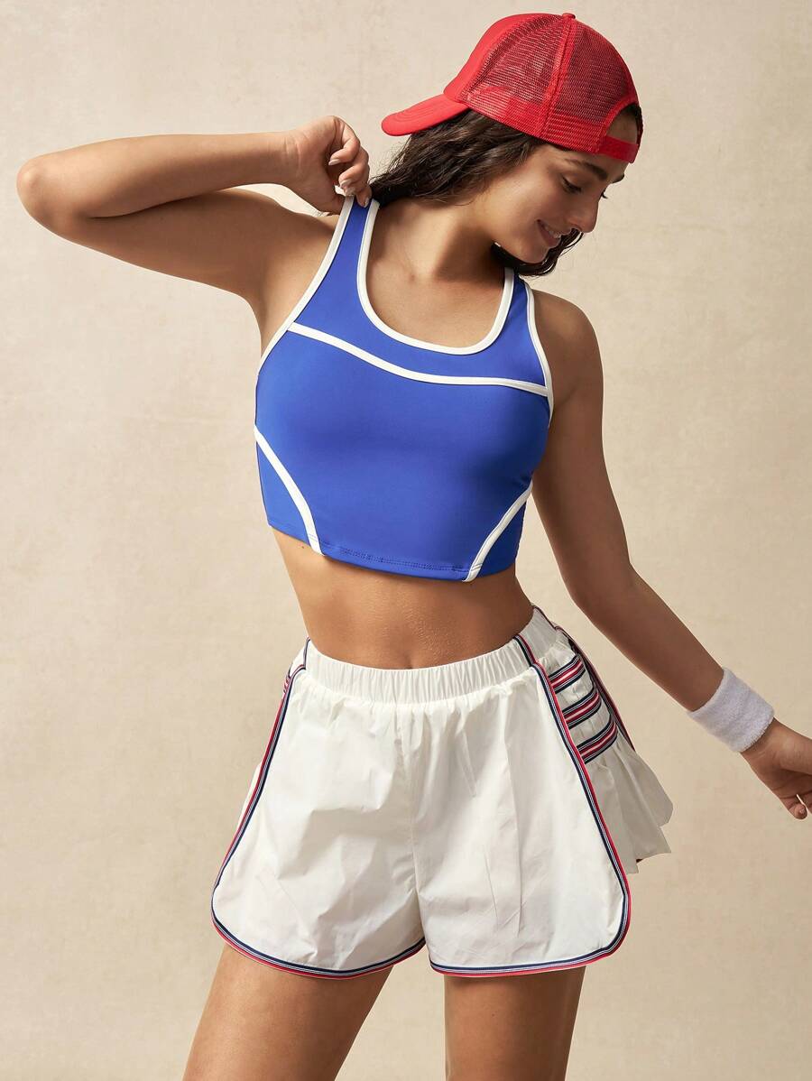 VARSITIE Summer Casual Contrast Color Trim Crop Sports Tank Top - Blue - View 1