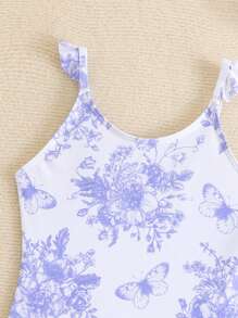 1pc Girls' Floral & Butterfly Printed One-Piece Swimsuit With Mesh Skirt - Multicolor - View 5