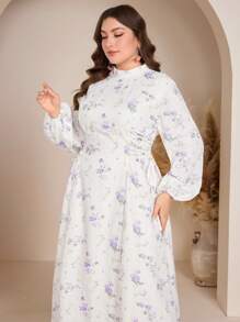 Graceveil Plus Size Elegant Ditsy Floral Lantern Sleeve Dress