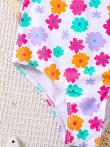 SHEIN Leap Crew Cute Babygirl Floral Pattern Knitted Elastic Romper Swimsuit, Casual - Multicolor - View 5