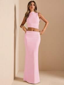 SHEIN BAE 2Pcs Women's Solid White Asymmetric Twist Front Sleeveless Tank Top & High Waisted Ruched Pencil Skirt Knitted Set, White Outfit, Bridesmaid Knitted Set, Back To School/Graduation Set, Holiday Set Honeymoon Outfits Woman - Coral Pink - View 5