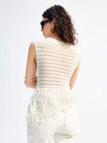 LYSMO Women's Spring/Summer Sleeveless Mesh Crochet Patchwork Tassel Knit Vest, Casual Resort, Retro Leisure - Beige - View 2