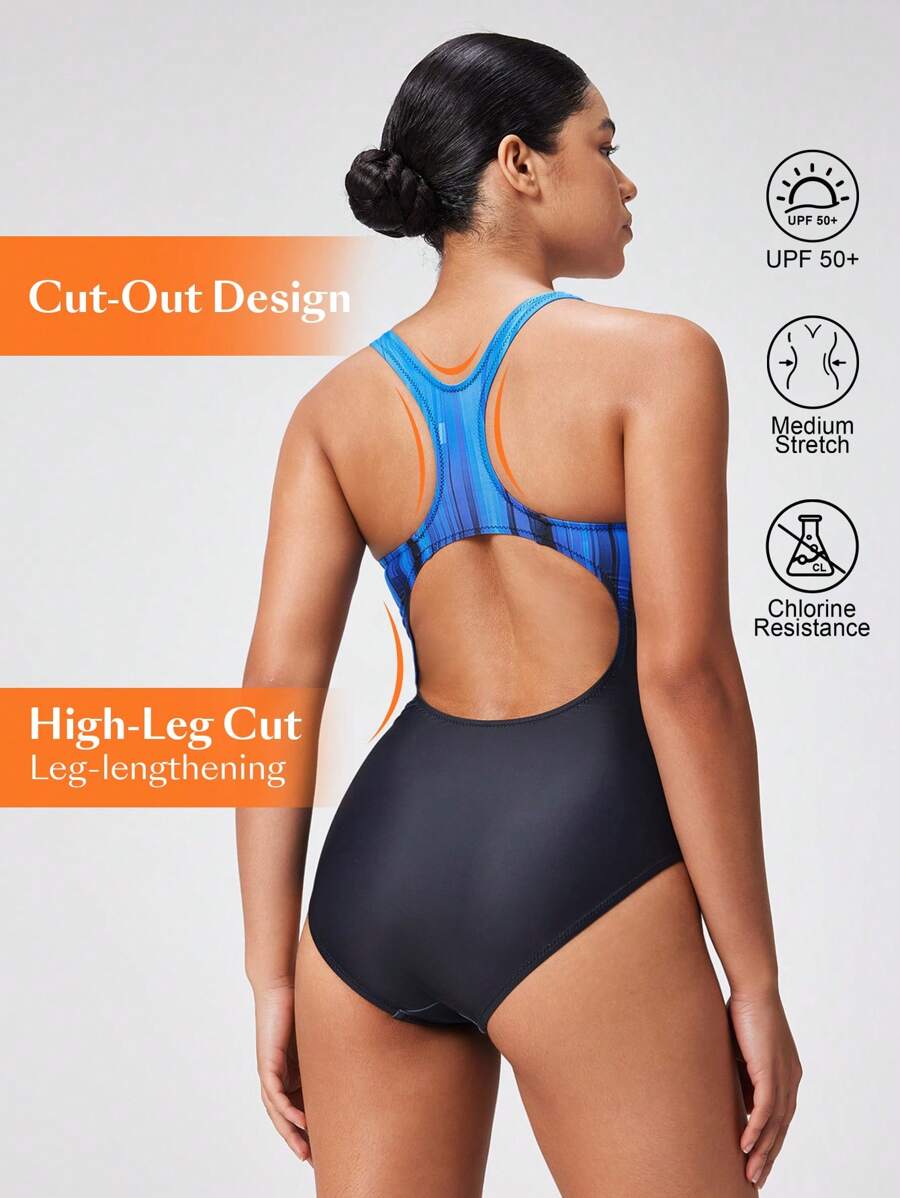 Swim Nautrix 1 件女士海滩夏季泳衣，彩色渐变色露背网眼拼接运动风格 - 彩色 - 查看 1