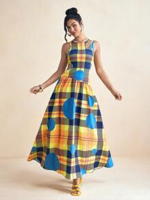 SHAQUITA GARCIA Gelbes und blaues Preppy Karomuster Kleid mit ausgeschnittener Schulter, gerafft, A-Linie Silhouette für den Sommerurlaub